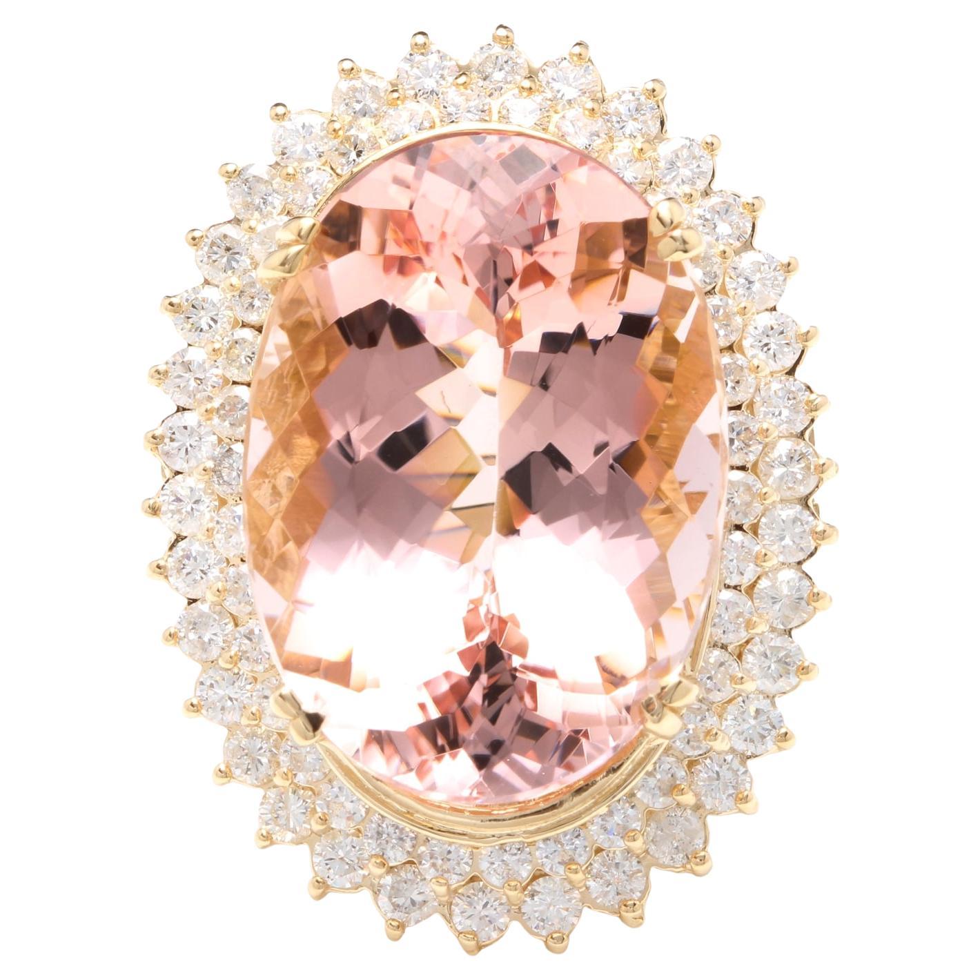 36.25 Carats Exquisite Natural Morganite and Diamond 14K Solid Yellow Gold Ring For Sale