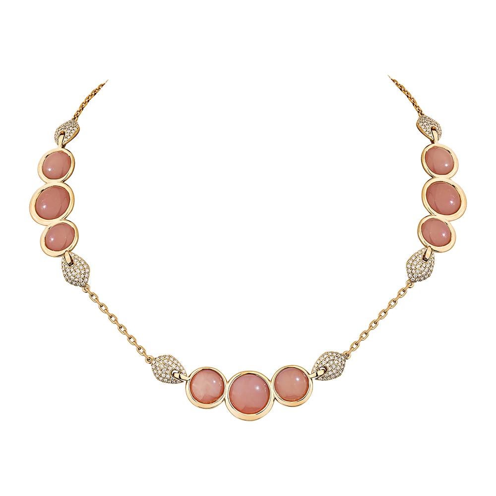 Contemporary 36.26Carat Guava Quartz Necklace in 18Karat Rose Gold with White Diamond. For Sale