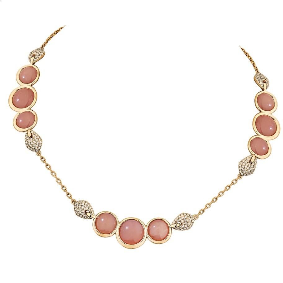 Briolette Cut 36.26Carat Guava Quartz Necklace in 18Karat Rose Gold with White Diamond. For Sale