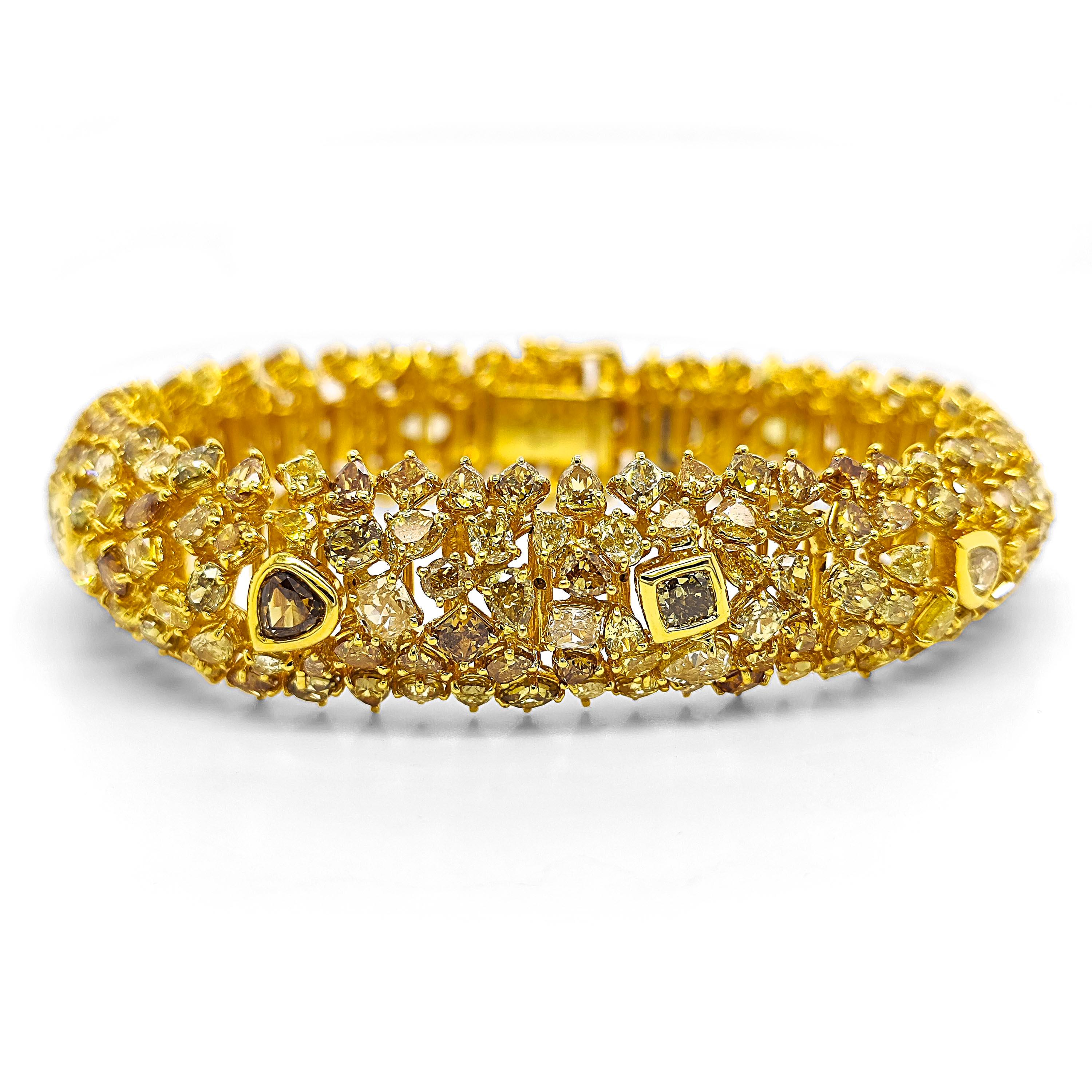 Mixed Cut 36.27 Carats Fancy Diamond Yellow Gold Bracelet For Sale