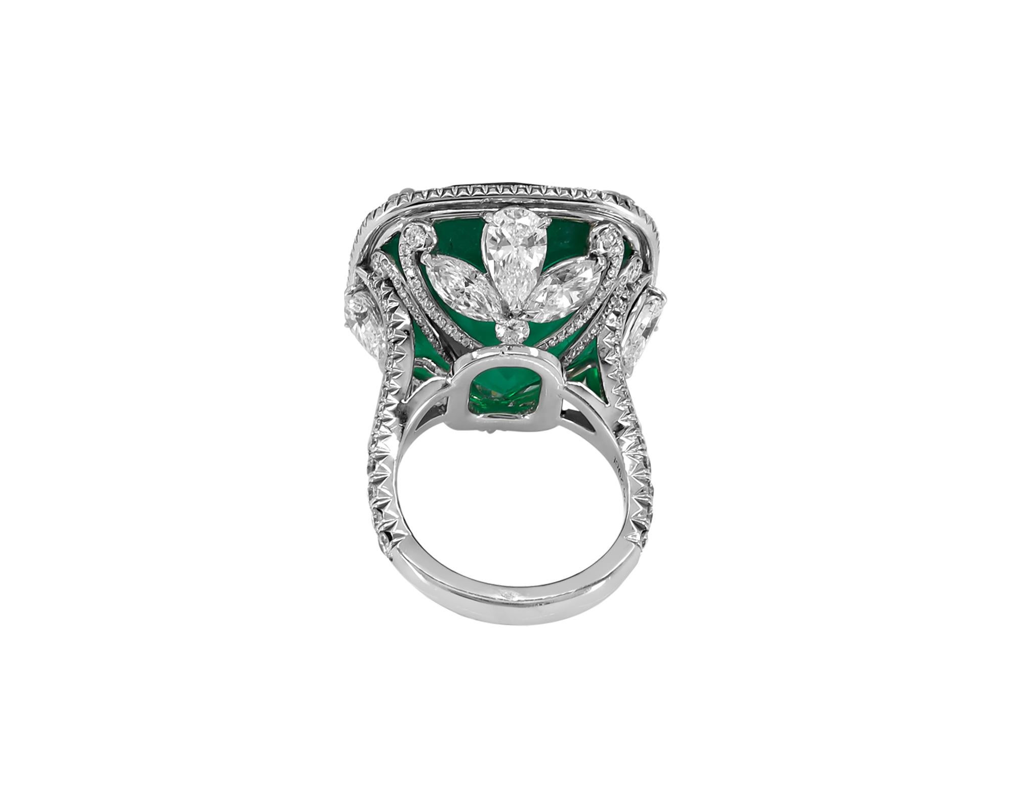 Cushion Cut 36.29 Carat Colombian Emerald Diamond Cocktail Ring