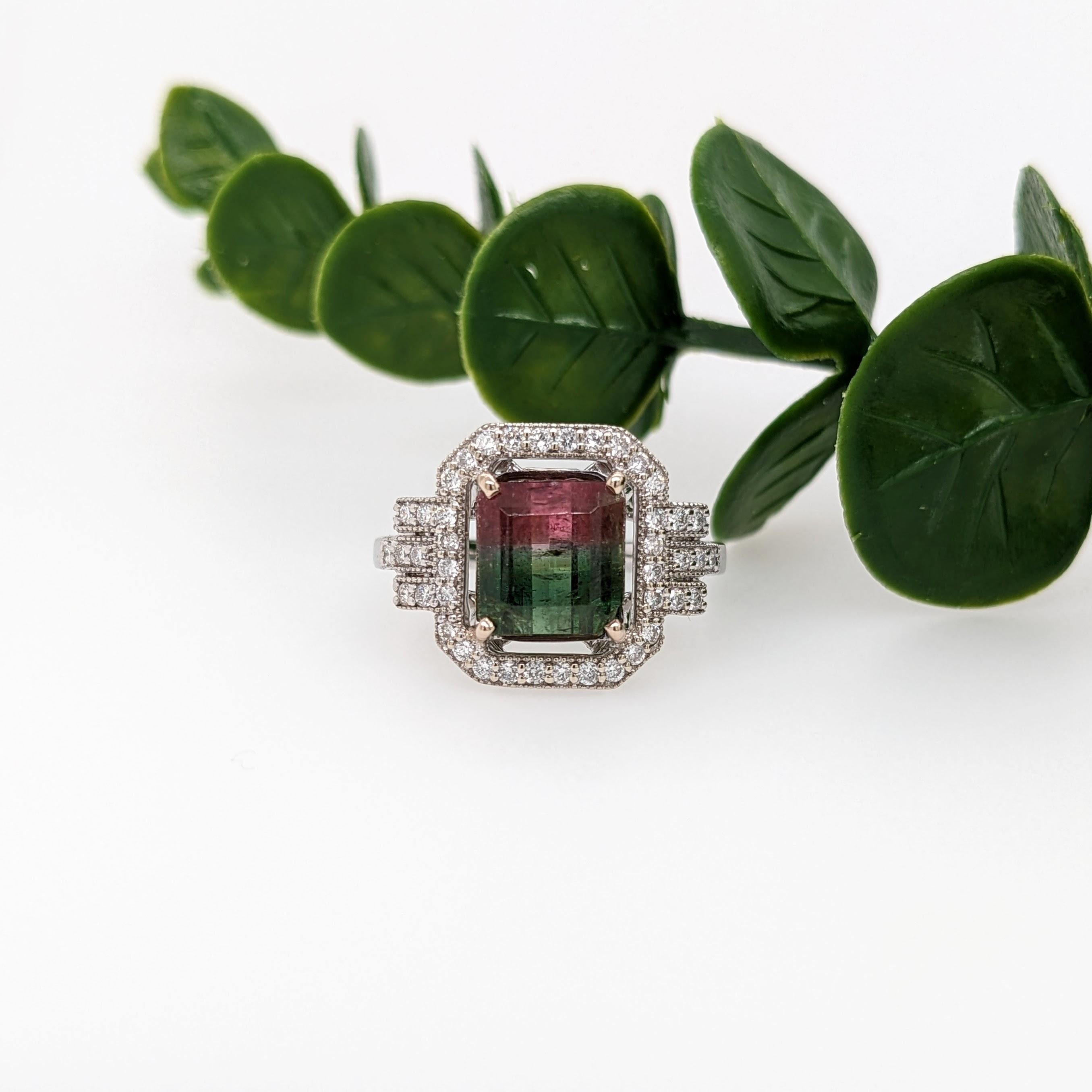 This ring features a beautiful pink and green watermelon tourmaline in a bold NNJ Designs ring setting with sparkling natural diamonds all set in 14k white gold. A gorgeous statement ring to showcase this unique stone!

Item Type: Ring
Center Stone: