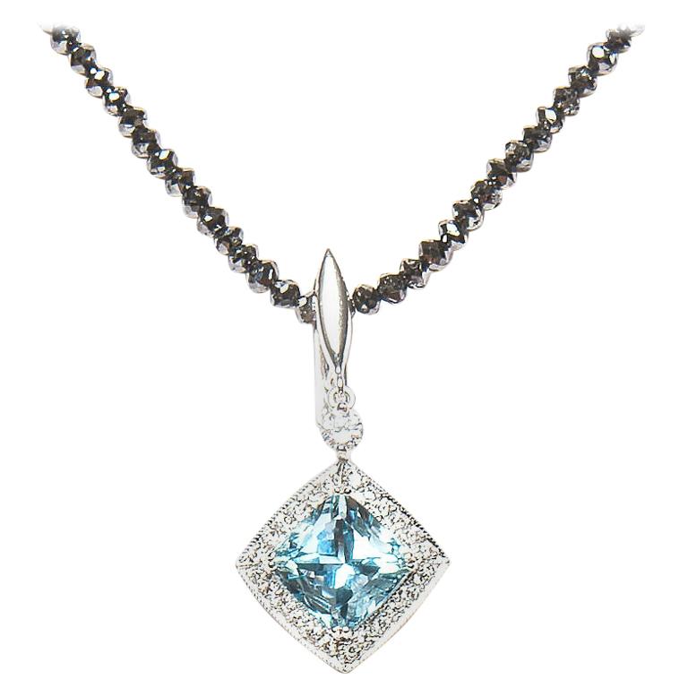 3.63 Carat Aquamarine Diamond 18 Karat White Gold Cluster Pendant Natalie Barney For Sale