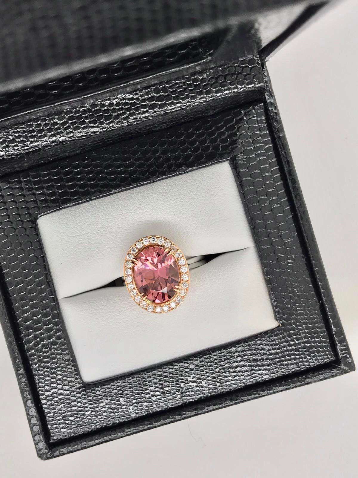 Contemporary 3.63 Carat Certified Oval Cut Pink Tourmaline and Diamond Cocktail Ring For Sale