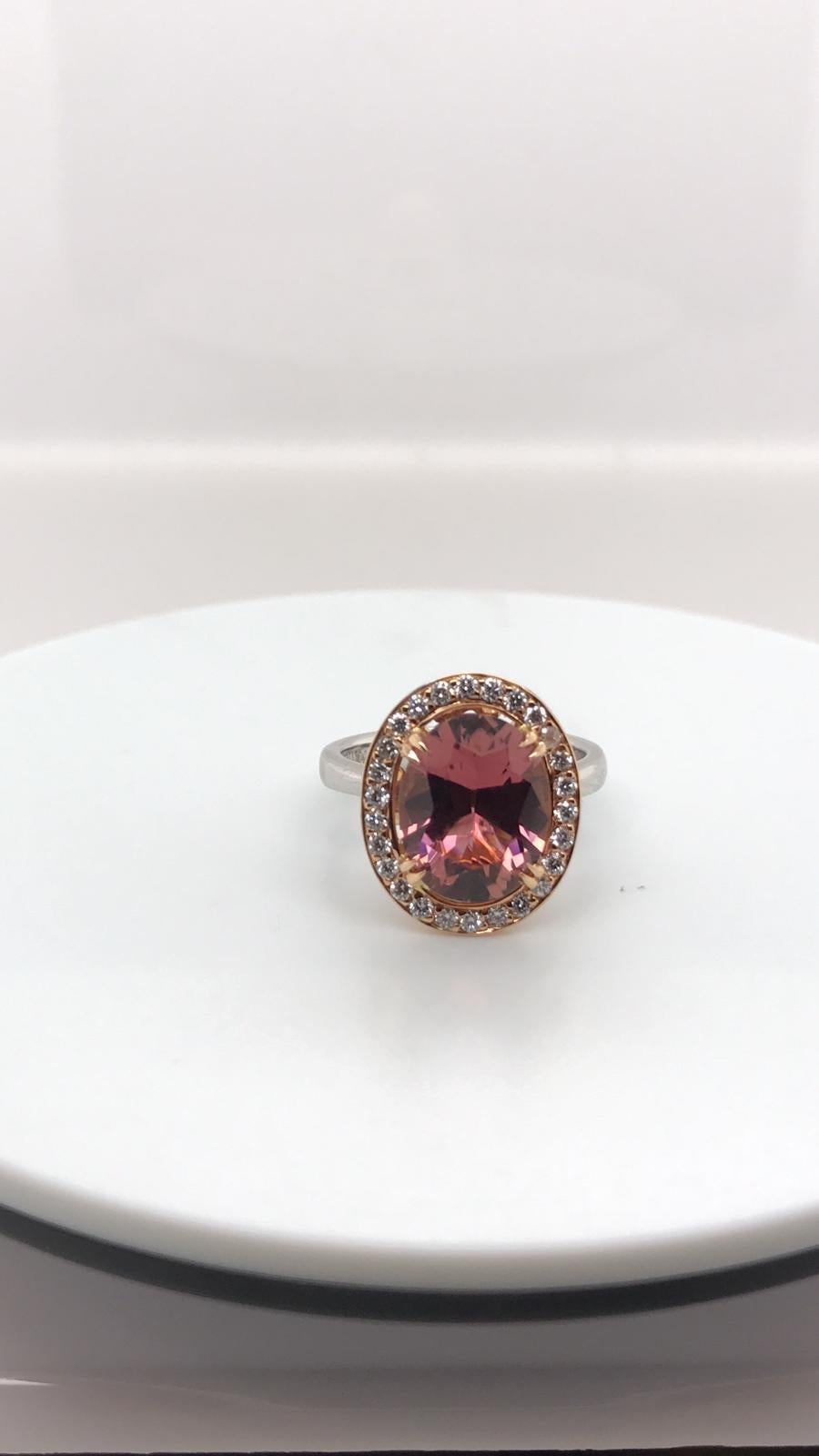 3.63 Carat Certified Oval Cut Pink Tourmaline and Diamond Cocktail Ring For Sale 2