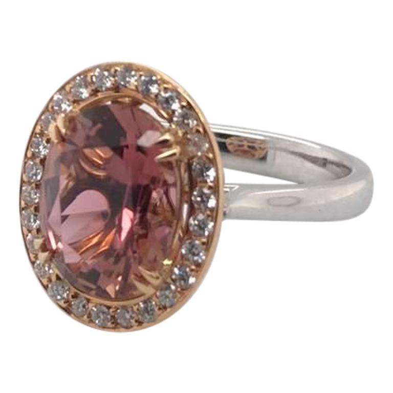3.63 Carat Certified Oval Cut Pink Tourmaline and Diamond Cocktail Ring For Sale
