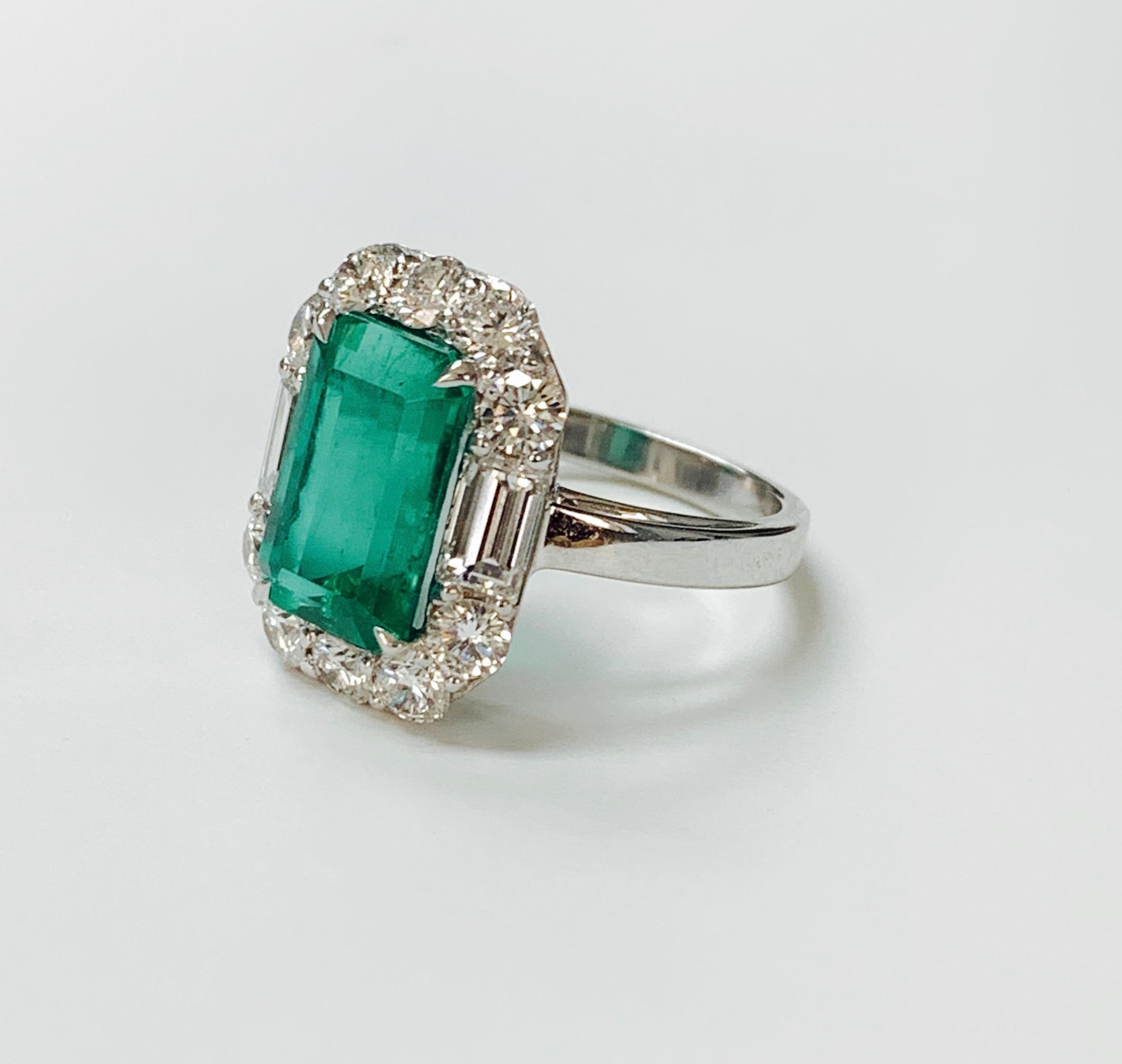 Contemporary GIA Certified 3.63 Carat Colombian Emerald and Diamond Ring in 18k White Gold