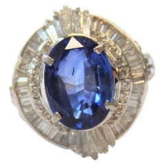 3.63 Carat Cushion Cut Blue Sapphire and Diamond Ring in Platinum