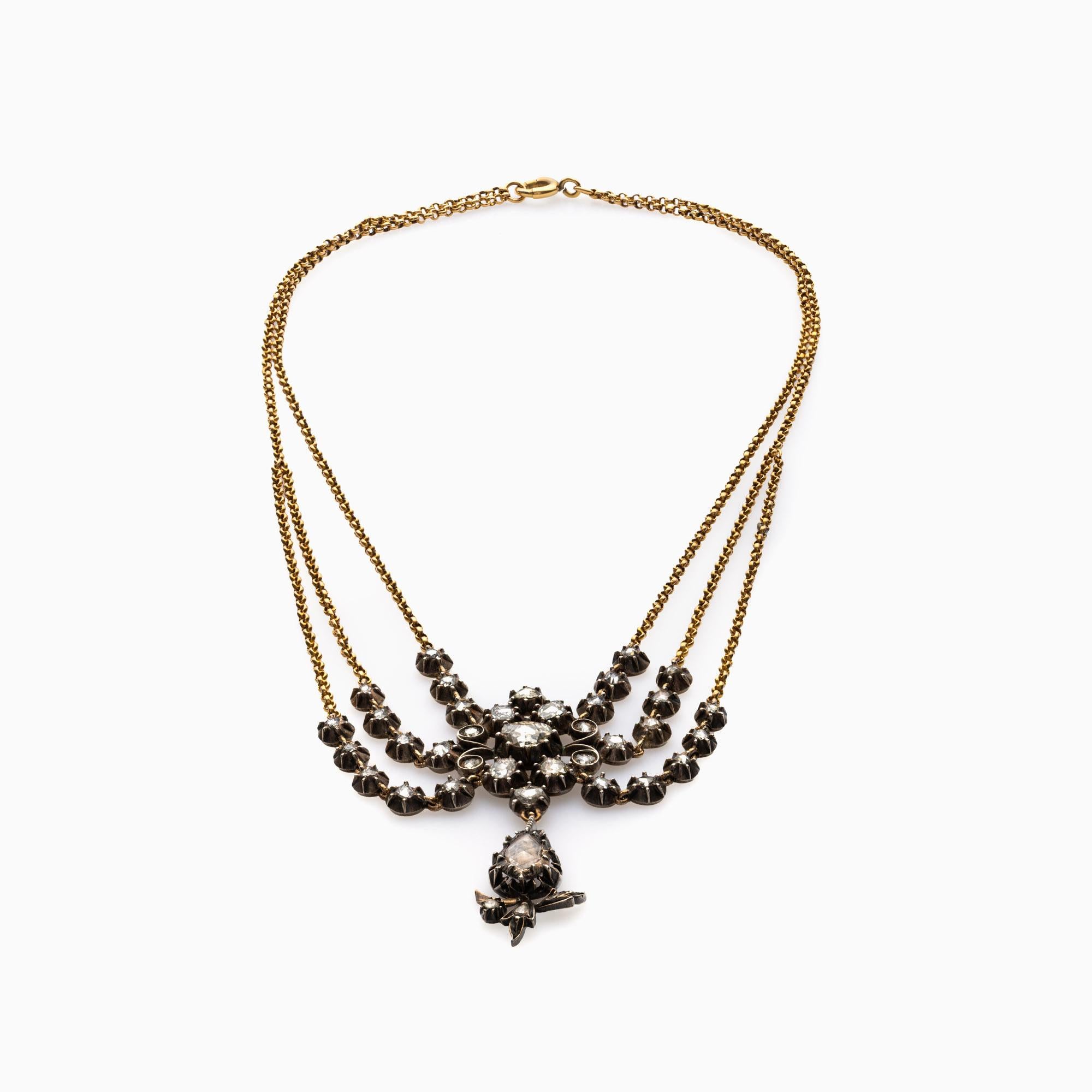 Collar de diamantes de 3,63 quilates en oro amarillo y plata Corte rosa en venta