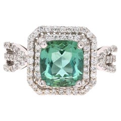 3.63 Carat Green Tourmaline Diamond White Gold Cocktail Ring