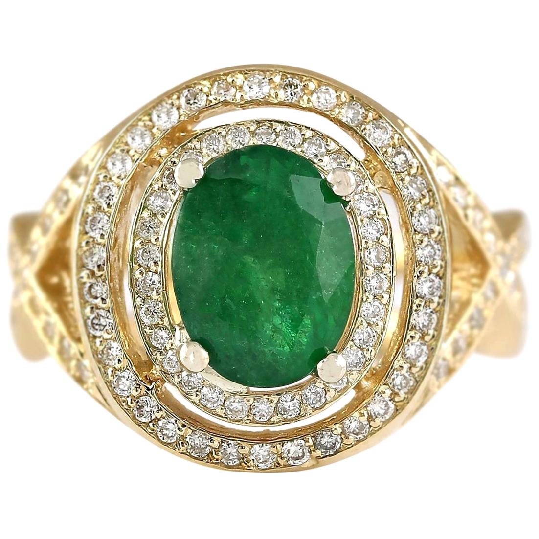 Natural Emerald 14 Karat Yellow Gold Diamond Ring For Sale