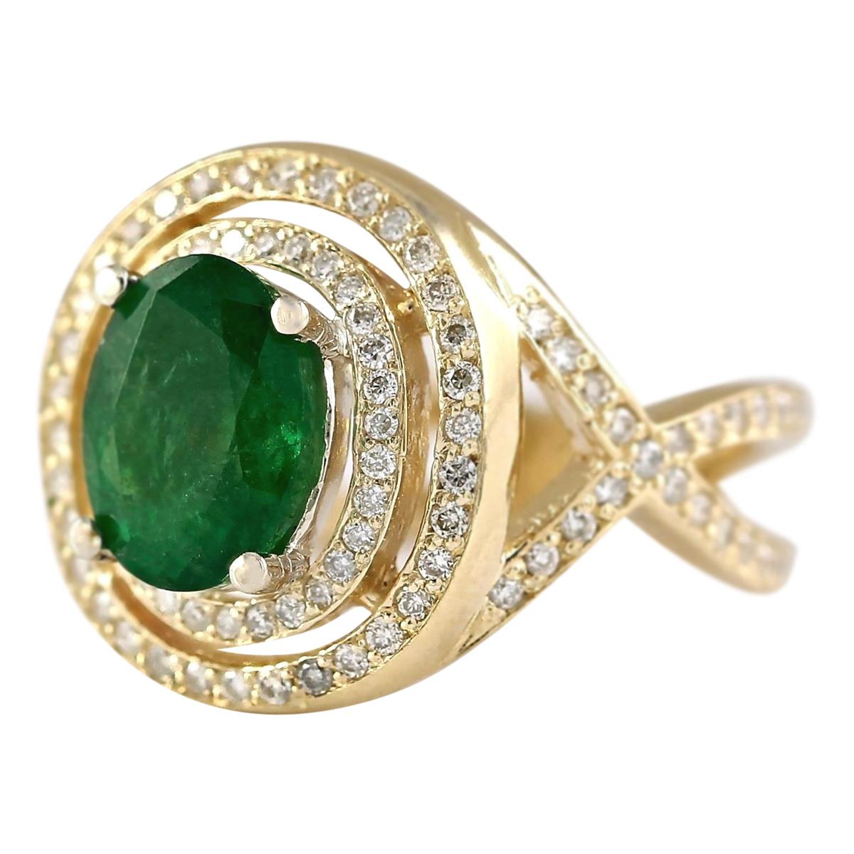 3.63 Carat Natural Emerald 14 Karat Yellow Gold Diamond Ring
Stamped: 14K Yellow Gold
Total Ring Weight: 9.2 Grams
Natural Emerald Weight is 2.38 Carat (Measures: 9.00x7.00 mm)
Color: Green
Total Natural Diamond Weight is 1.25 Carat
Color: F-G,