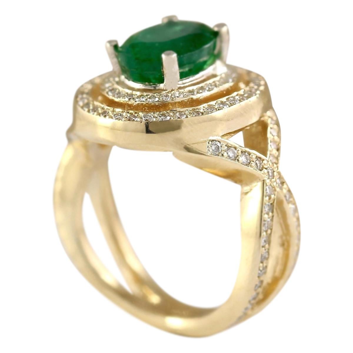 Oval Cut Natural Emerald 14 Karat Yellow Gold Diamond Ring For Sale