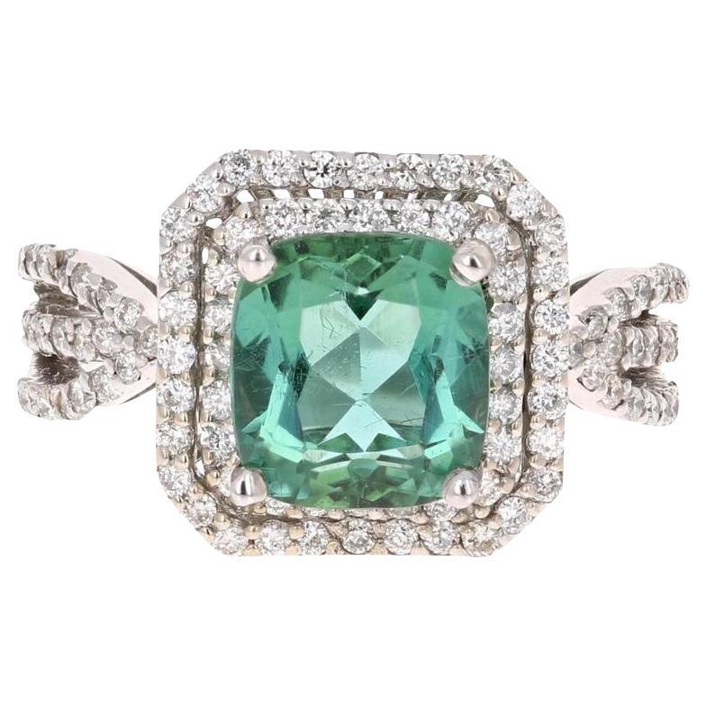 Anello da cocktail in oro bianco con diamante e tormalina verde naturale da 3,63 carati