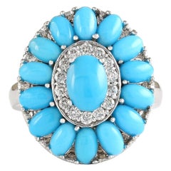 Bague en or blanc 14 carats avec turquoise naturelle et diamant 