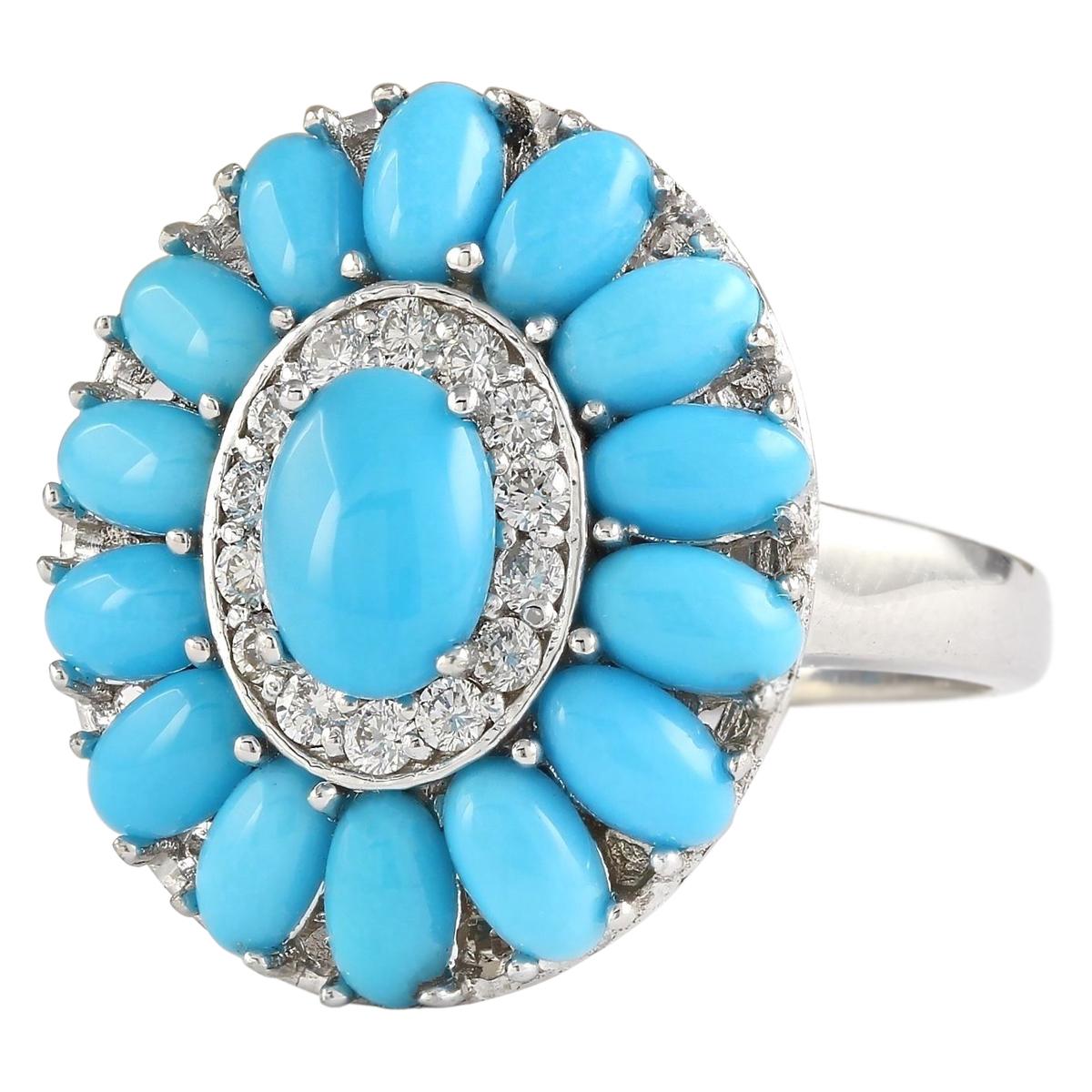 Stamped: 14K White Gold
Total Ring Weight: 6.0 Grams
Total Natural Turquoise Weight is 3.38 Carat
Color: Blue
Total Natural Diamond Weight is 0.25 Carat
Color: F-G, Clarity: VS2-SI1
Face Measures: 20.20x17.45 mm
Sku: [703802W]