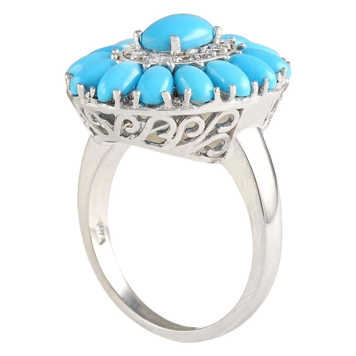 Taille ovale Bague en or blanc 14 carats avec turquoise naturelle et diamant  en vente