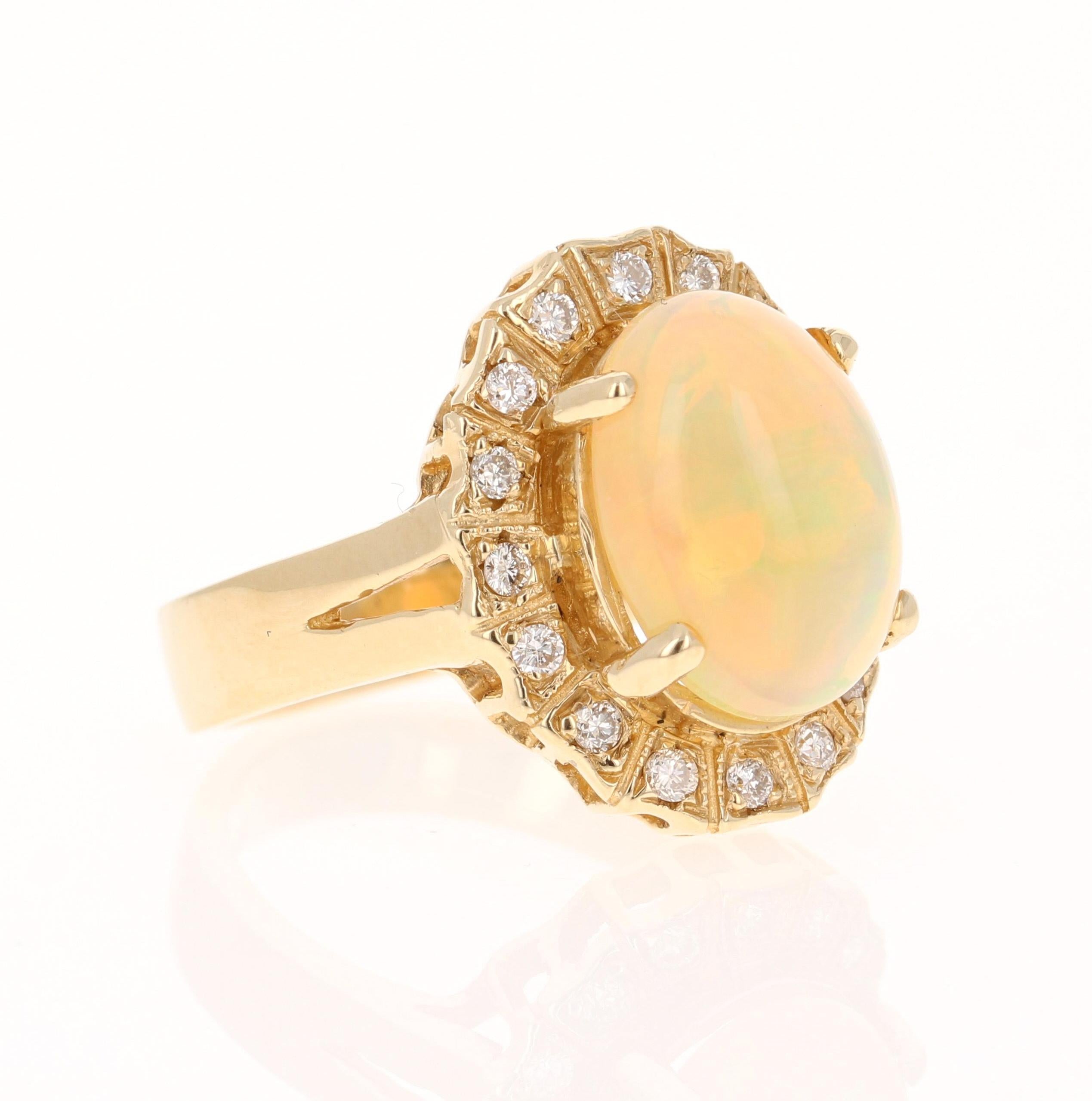 This ring has a 3.36 Carat Opal that is curated in a unique Victorian-Inspired setting. The setting is adorned with 16 Round Cut Diamonds that weigh 0.27 Carats. The total carat weight of the ring is 3.63 Carats.

The Opal displays beautiful flashes