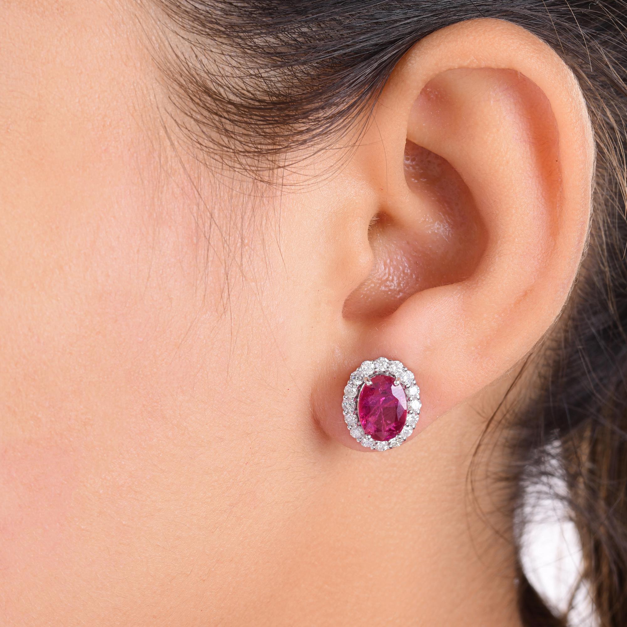 Modern 3.63 Carat Oval Ruby 0.85 Carat SI/H Diamond Earrings 14 Karat White Gold For Sale