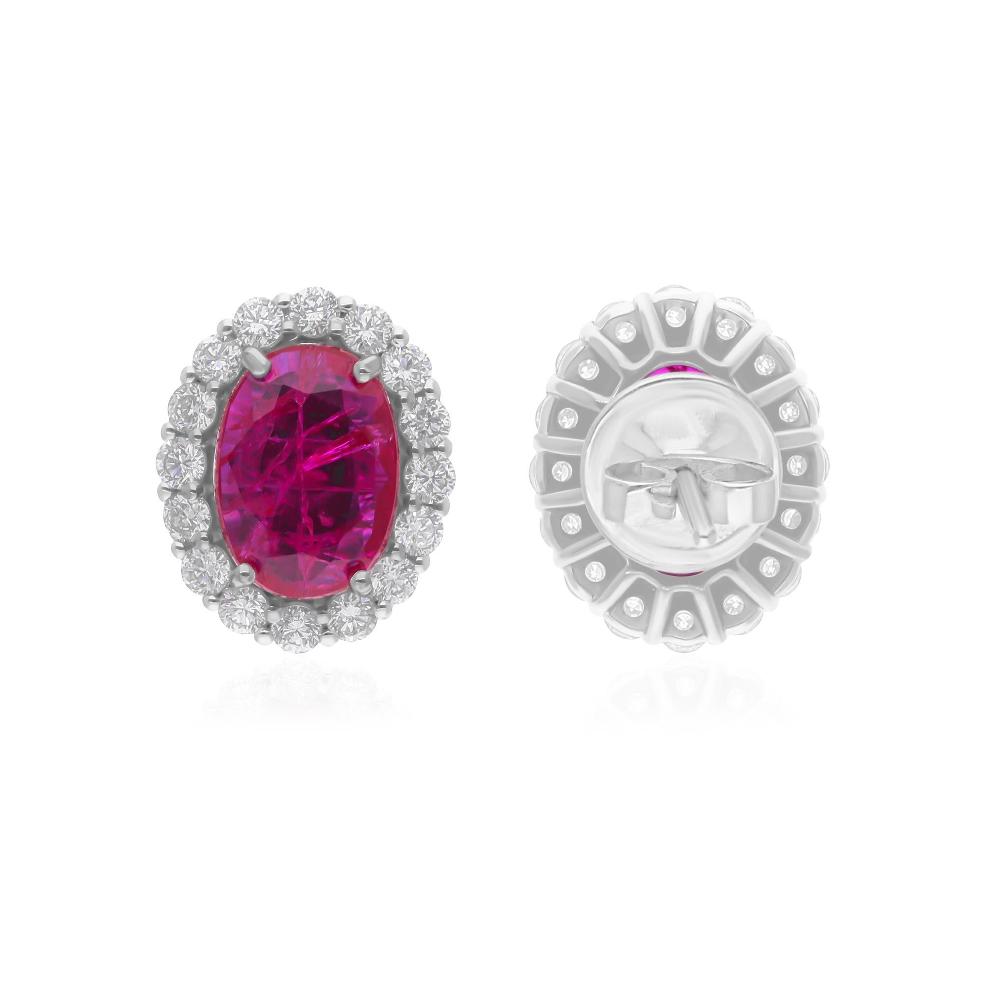 Oval Cut 3.63 Carat Oval Ruby 0.85 Carat SI/H Diamond Earrings 14 Karat White Gold For Sale