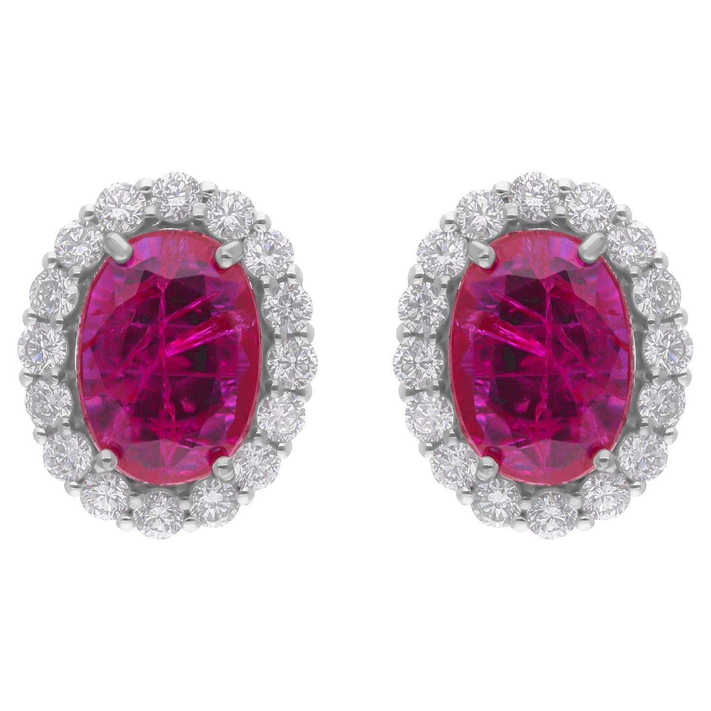 3.63 Carat Oval Ruby 0.85 Carat SI/H Diamond Earrings 14 Karat White Gold For Sale
