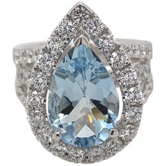 3.63 Carat Pear Aquamarine with Diamond Halo Ring 18 Karat White Gold