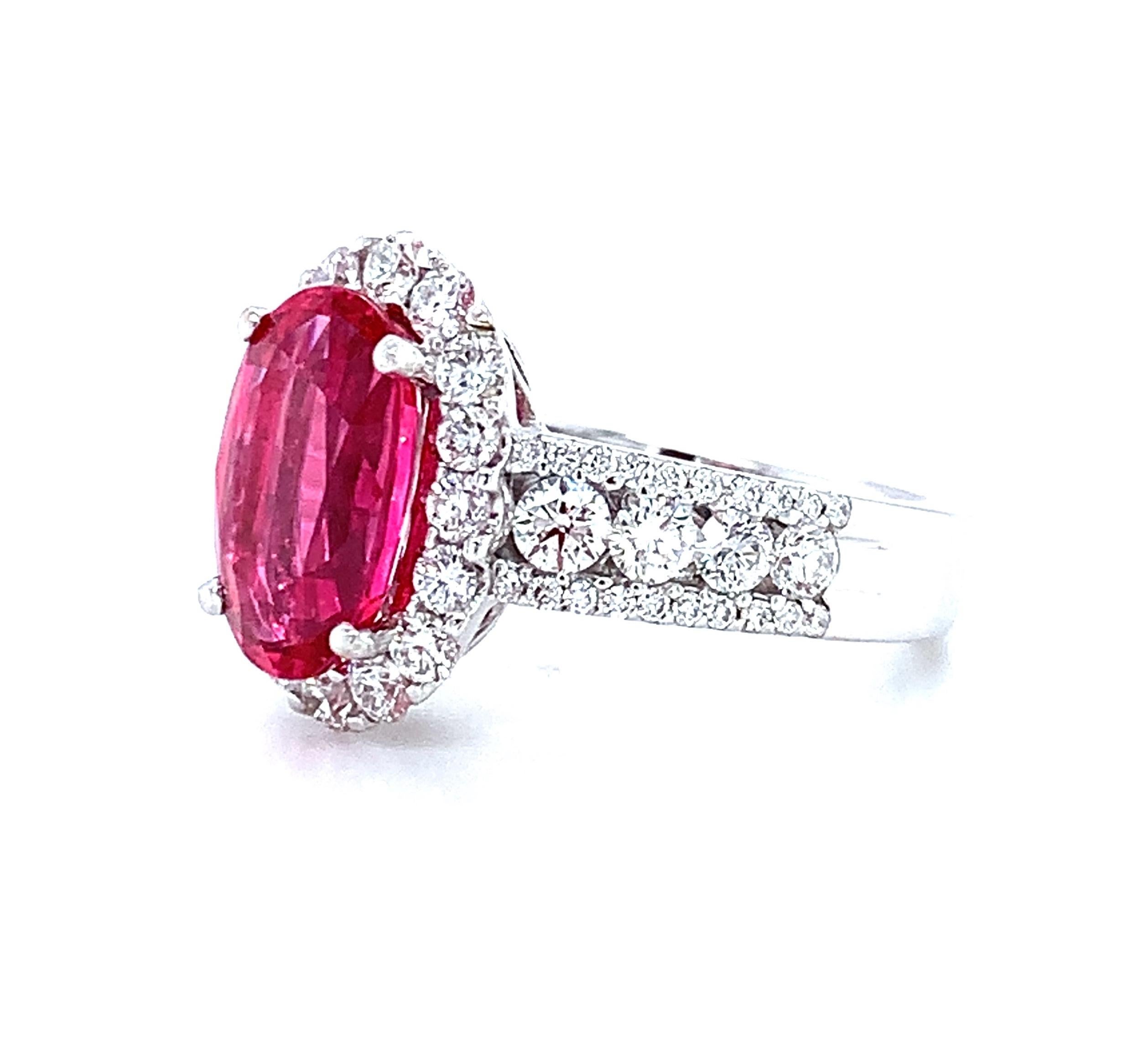 Oval Cut 3.63 Carat Red Spinel and Diamond Halo Cocktail Ring in 18k White Gold  For Sale