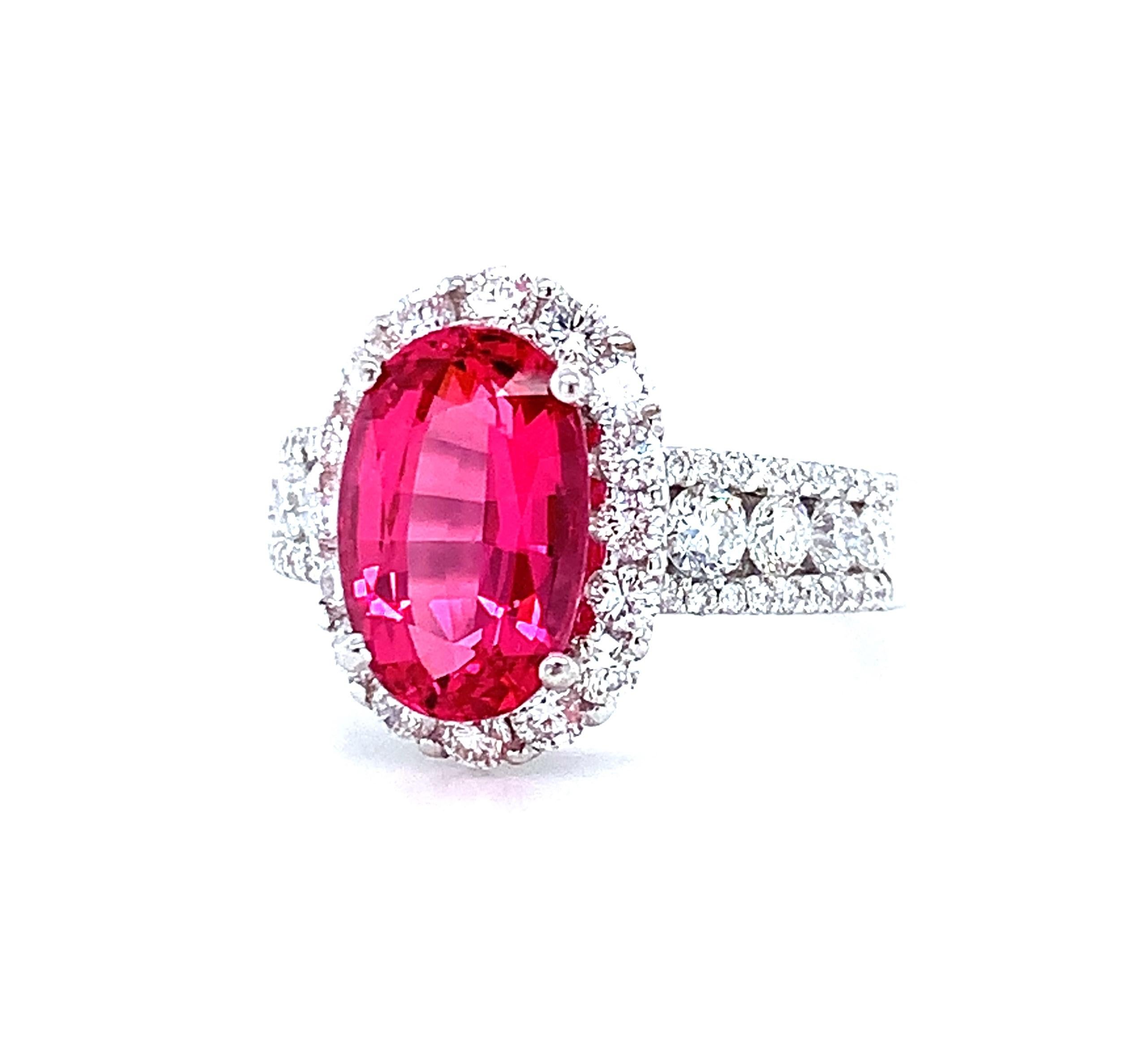 Artisan 3.63 Carat Red Spinel and Diamond Halo Cocktail Ring in 18k White Gold  For Sale