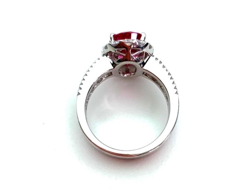 Taille ovale Bague cocktail en or blanc 18 carats avec spinelle rouge de 3,63 carats et halo de diamants  en vente