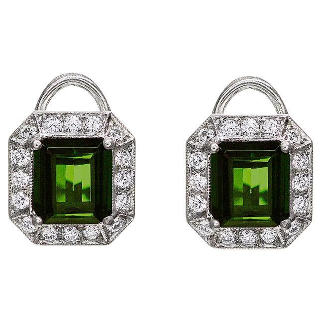 3.63 Carats Total Green Tourmaline and Round Diamond Halo Clip-On Earrings For Sale