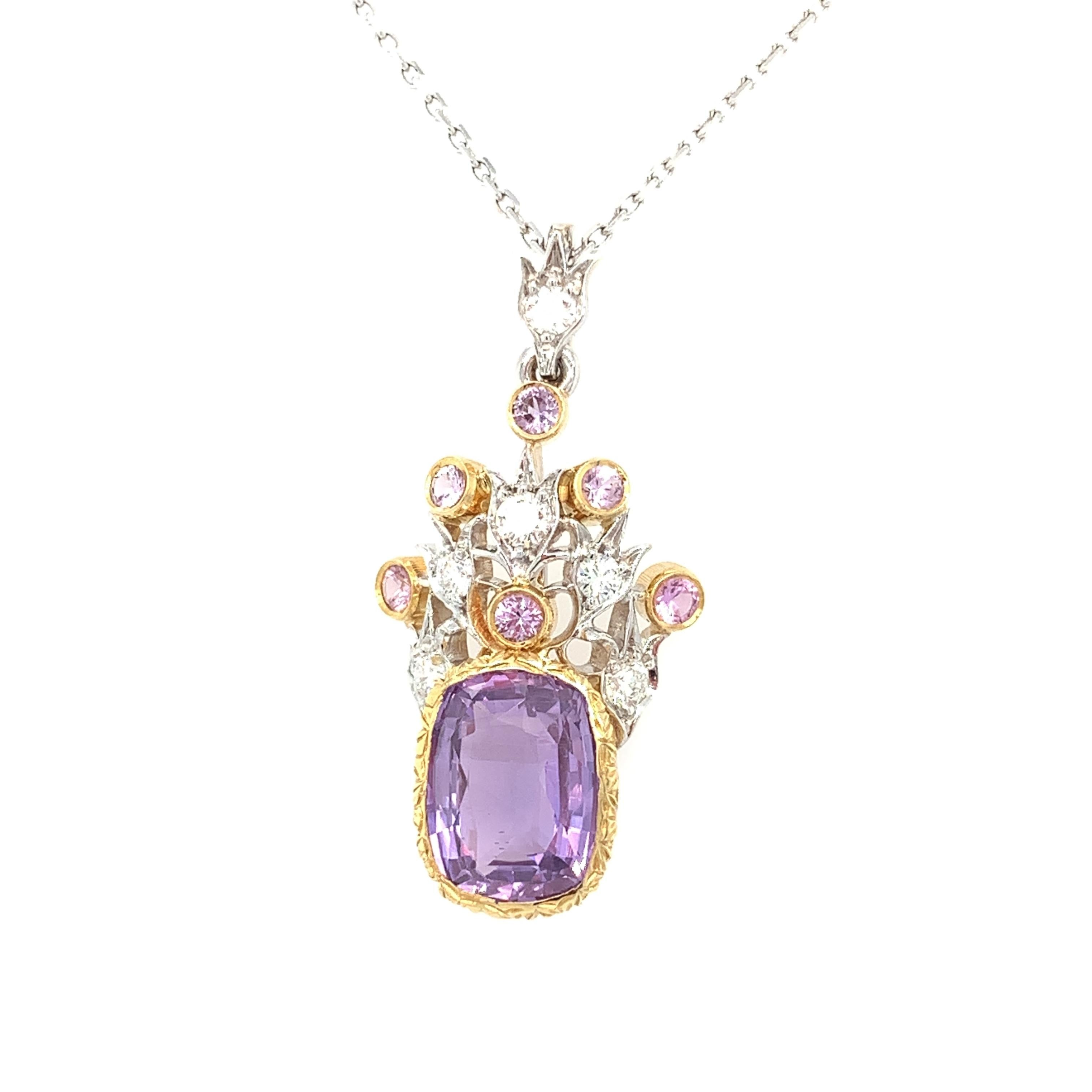 Artisan 3.63 Carat Lavender Sapphire and Diamond Necklace in 18k White and Yellow Gold  For Sale