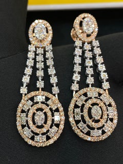 3.63 Cts F/VS1 Round Baguette Natural Diamonds Dangle Earrings 14K Two-Tone Gold