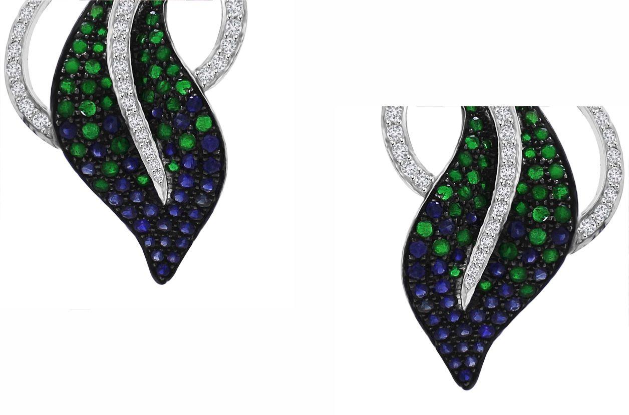 Modern 3.63 cts of Blue Sapphire and Tsavorite Leaf studs For Sale