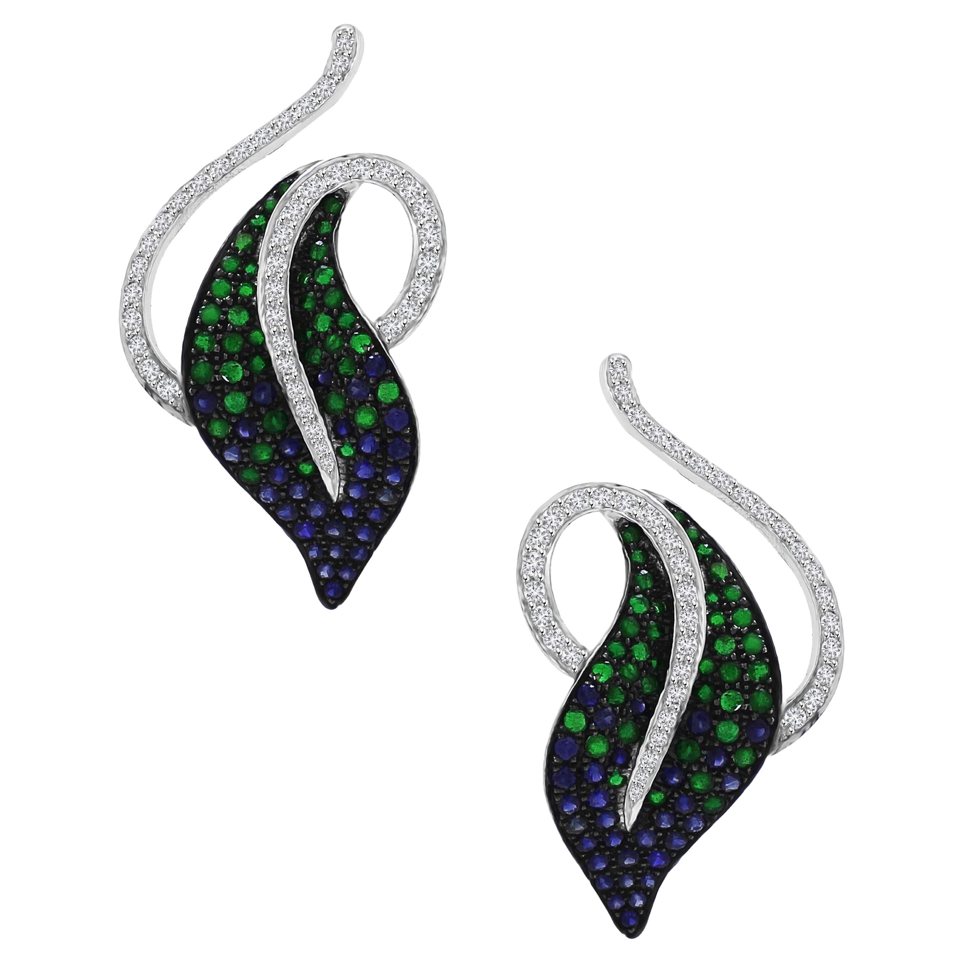 3.63 cts of Blue Sapphire and Tsavorite Leaf studs For Sale