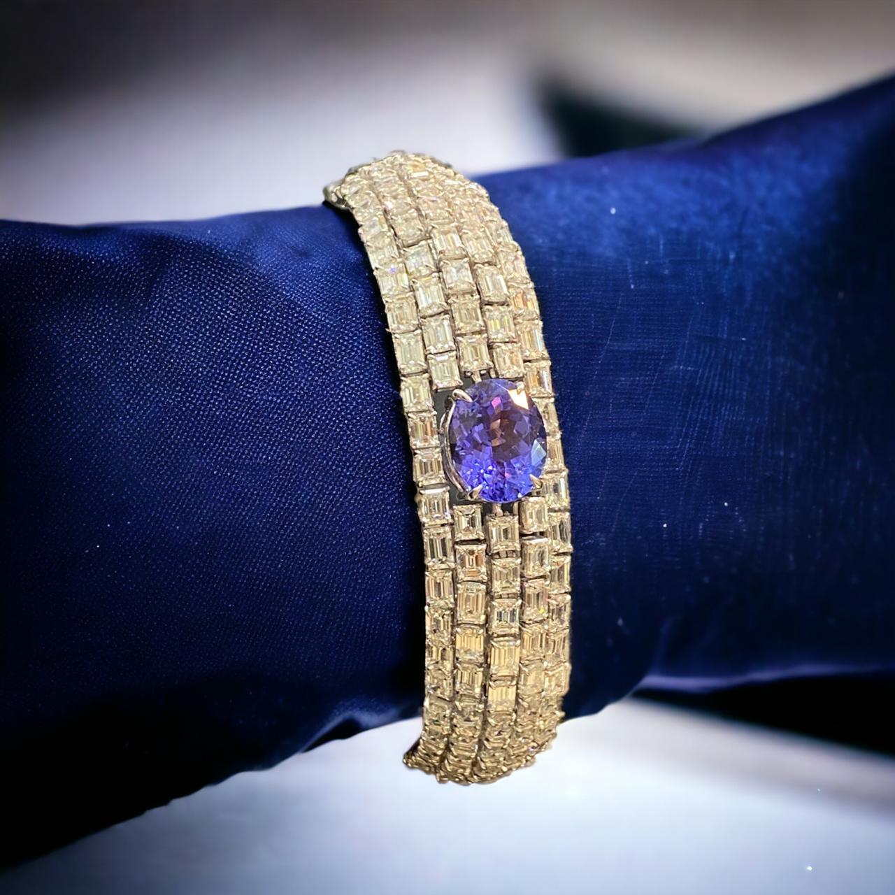 36.30 Quilates Corte Esmeralda F/VS1 IGI Diamantes Tanzanita Pulsera Tenis Oro Fino 18K en venta 4