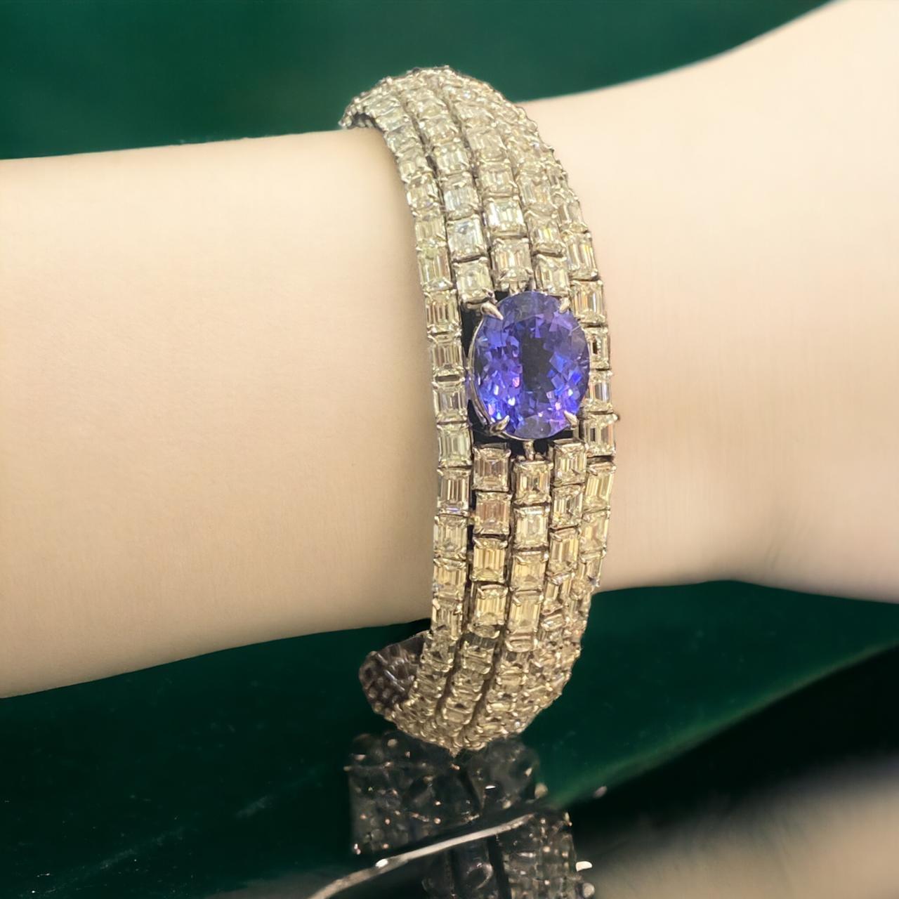 36.30 Quilates Corte Esmeralda F/VS1 IGI Diamantes Tanzanita Pulsera Tenis Oro Fino 18K en venta 5