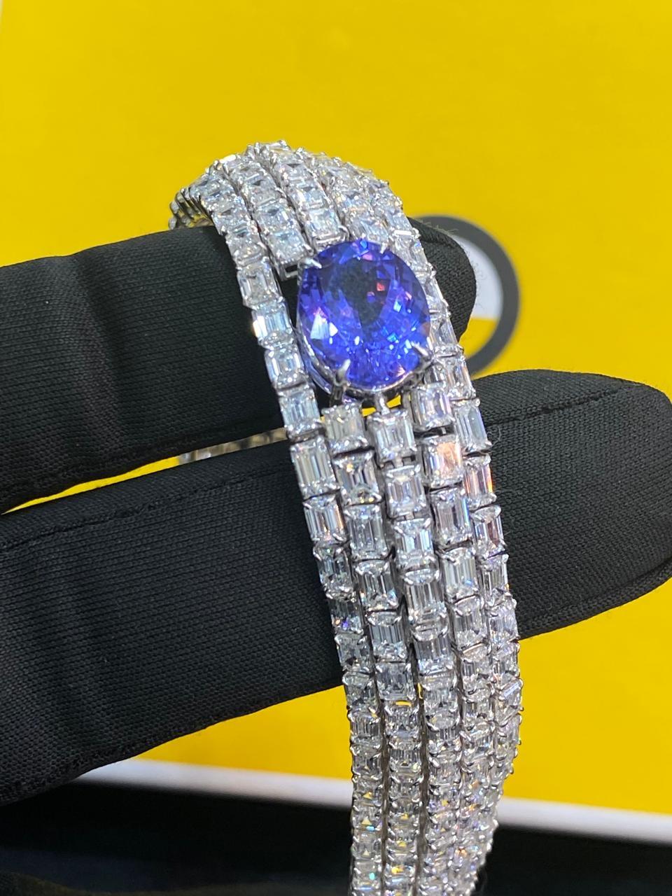 36.30 Quilates Corte Esmeralda F/VS1 IGI Diamantes Tanzanita Pulsera Tenis Oro Fino 18K Corte esmeralda en venta