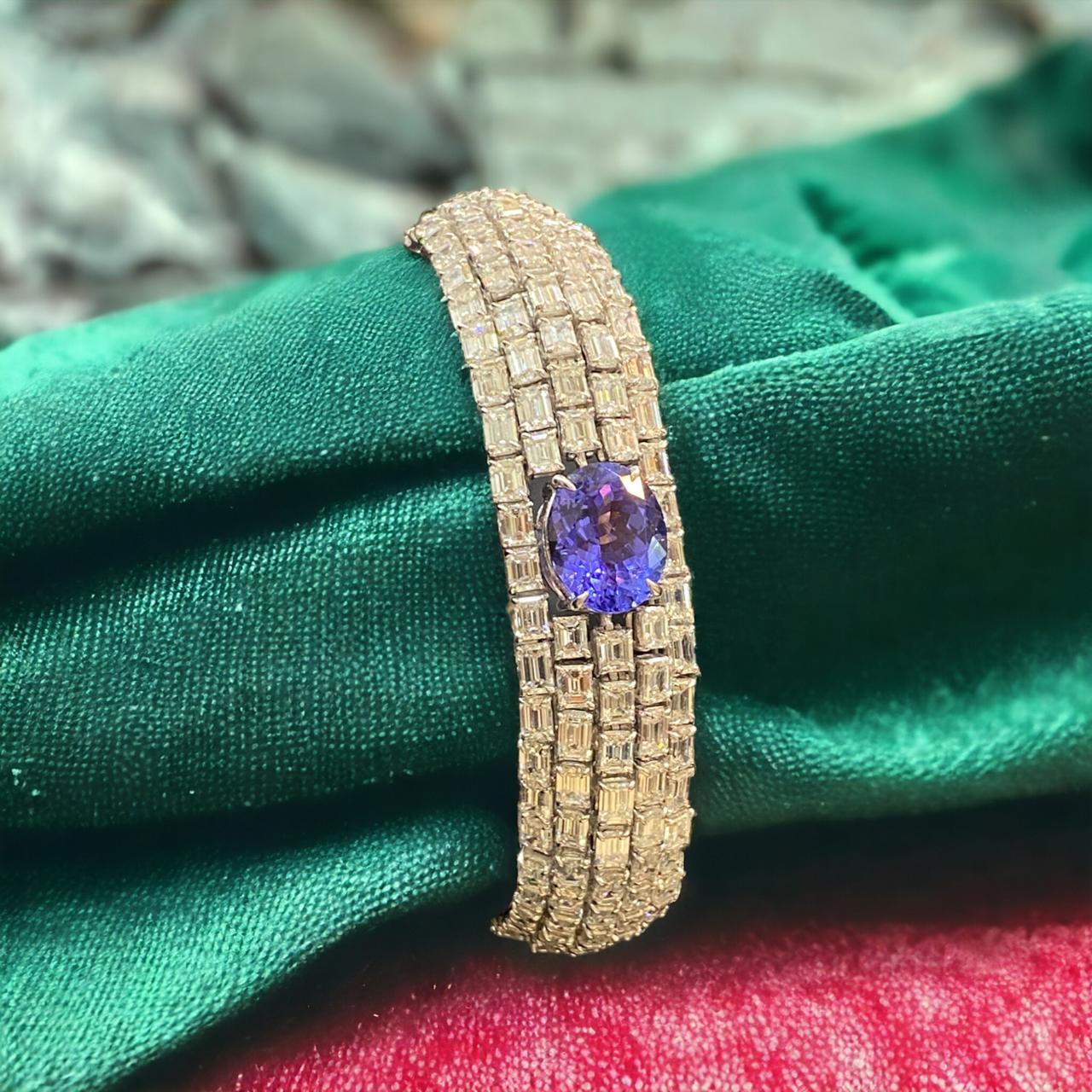 36.30 Quilates Corte Esmeralda F/VS1 IGI Diamantes Tanzanita Pulsera Tenis Oro Fino 18K en venta 1