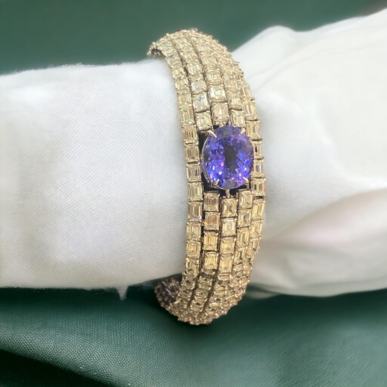 36.30 Quilates Corte Esmeralda F/VS1 IGI Diamantes Tanzanita Pulsera Tenis Oro Fino 18K en venta 3