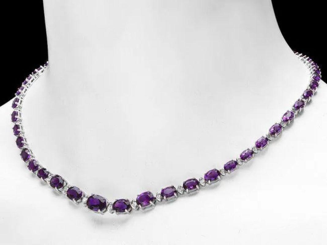Mixed Cut 36.30Ct Natural Amethyst and Diamond 14K Solid White Gold Necklace For Sale