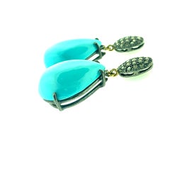 36.30ct Turquoise and 0.64ct Diamond Earring Oxidized Sterling Silver, 14K Gold