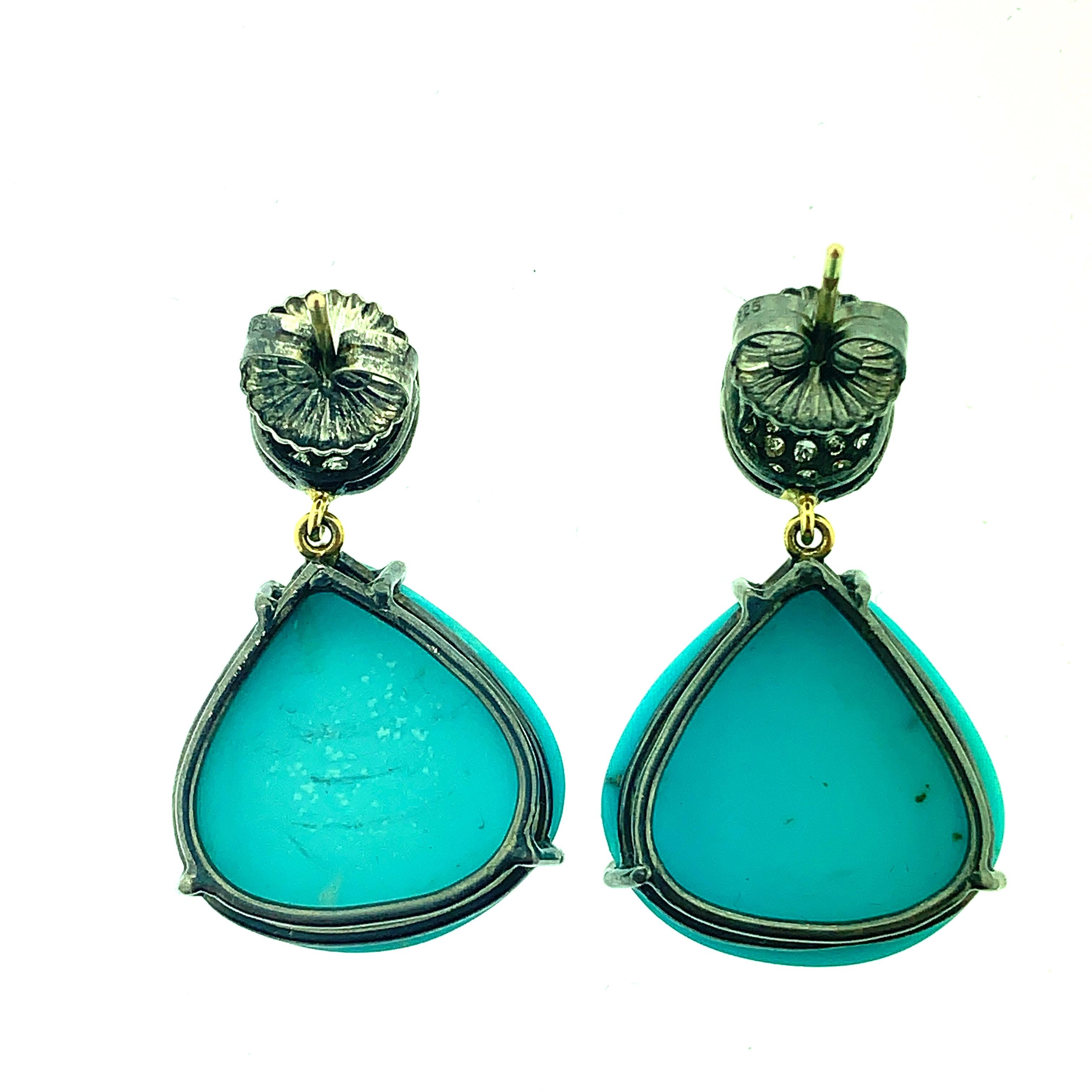 Pear Cut 36.30ct Turquoise and 0.64ct Diamond Earring Oxidized Sterling Silver, 14K Gold For Sale