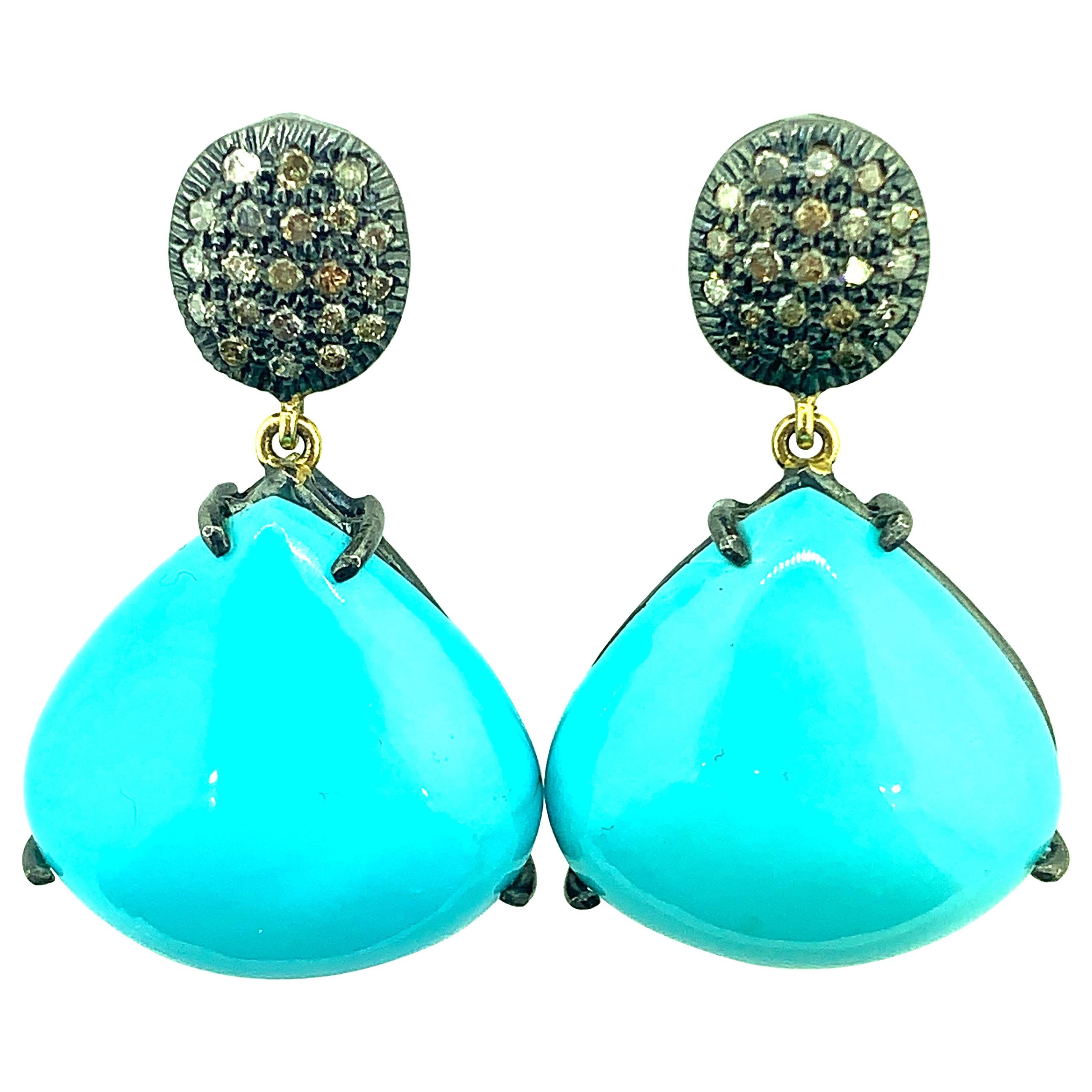 36.30ct Turquoise and 0.64ct Diamond Earring Oxidized Sterling Silver, 14K Gold For Sale