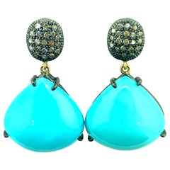 36.30ct Turquoise and 0.64ct Diamond Earring Oxidized Sterling Silver, 14K Gold