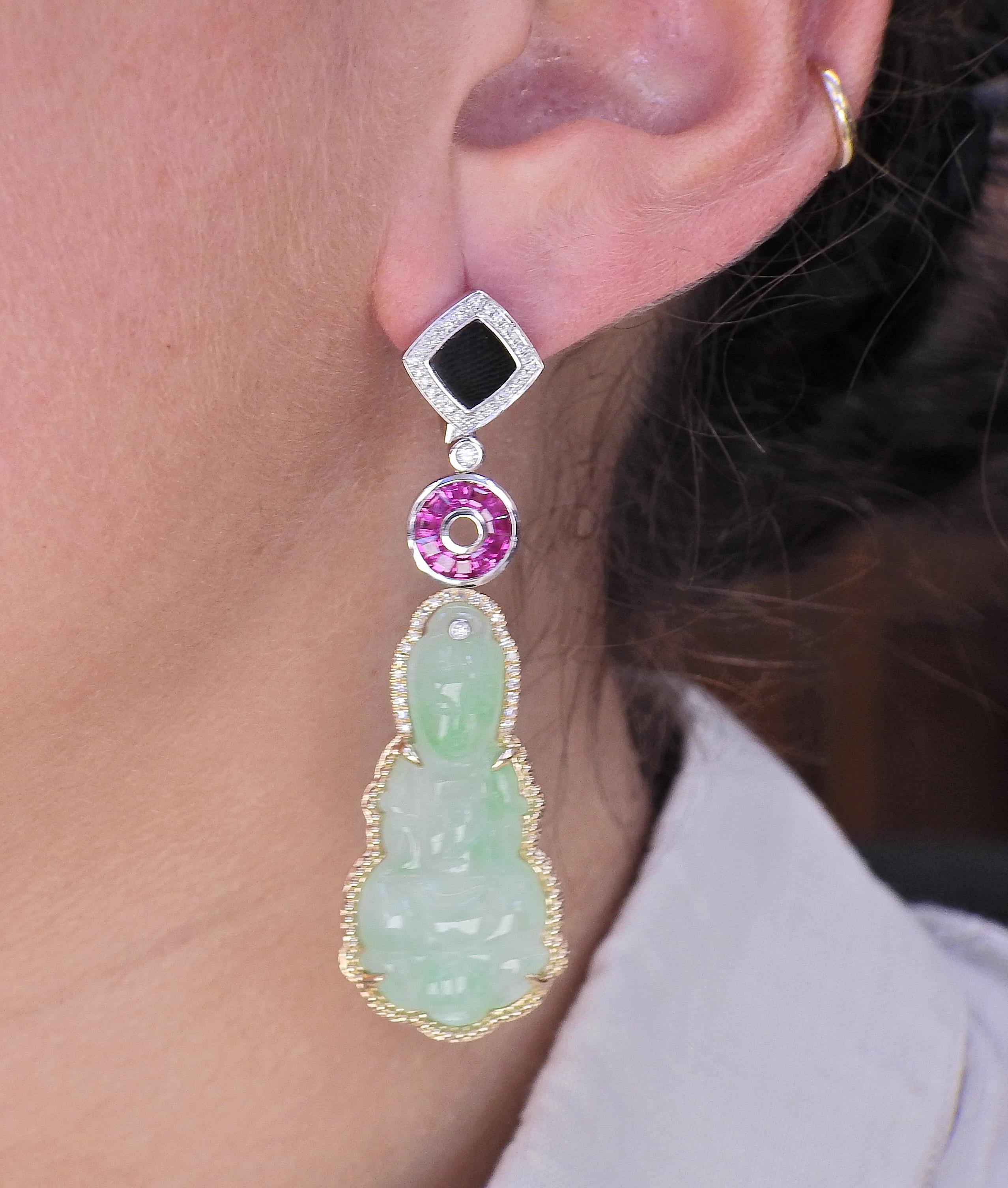 36.33ctw Carved Jadeite Jade Onyx Diamond Sapphire Gold Drop Earrings In Excellent Condition In New York, NY