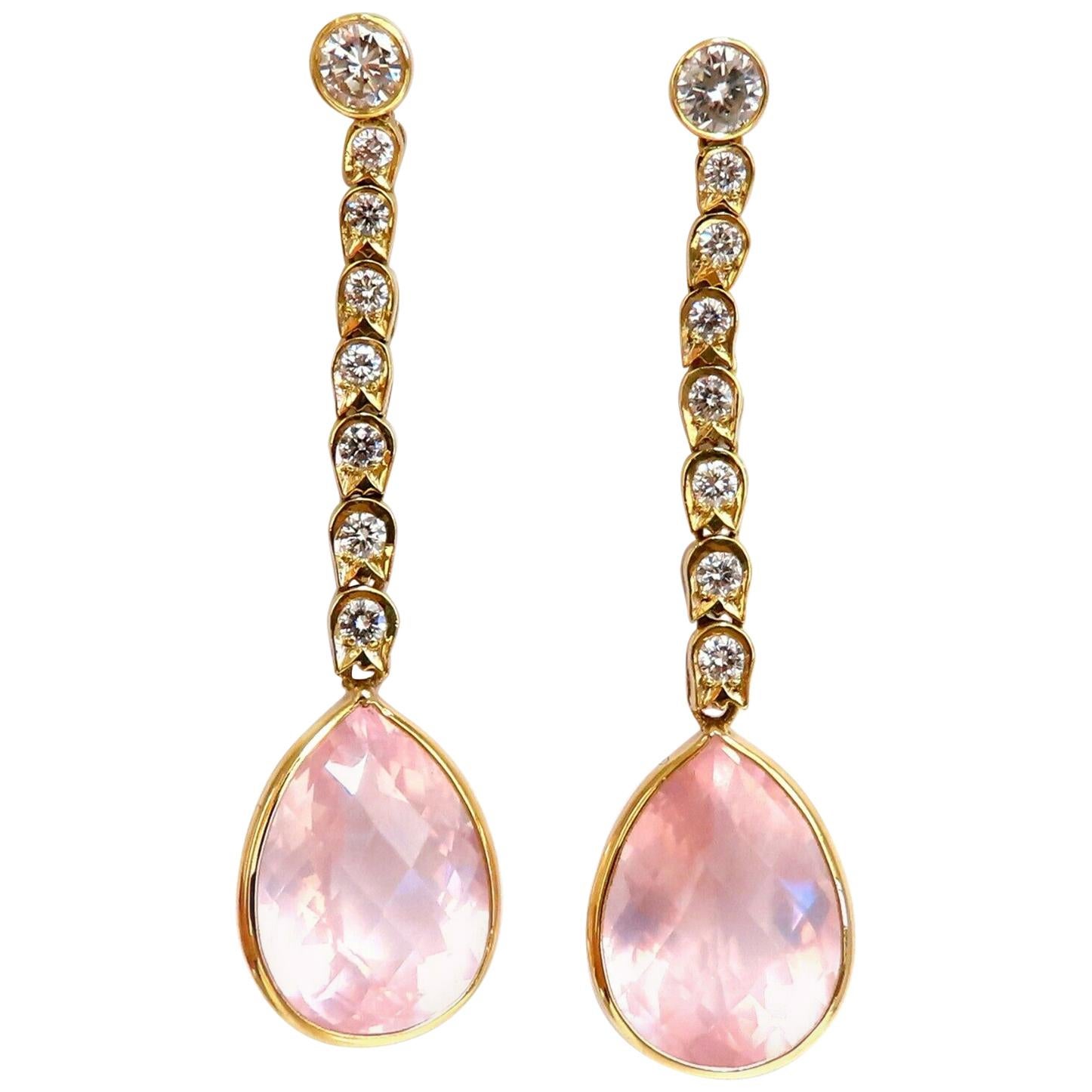 36.34 Carat Natural Rose Quartz Diamond Dangle Earrings 14 Karat Pink Flash For Sale