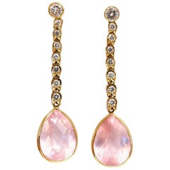 36.34 Carat Natural Rose Quartz Diamond Dangle Earrings 14 Karat Pink Flash