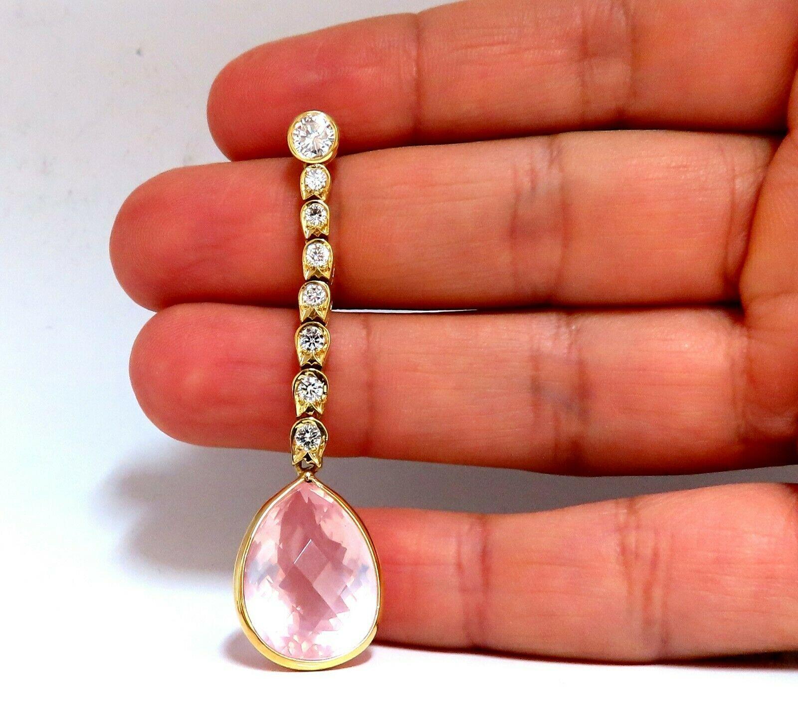 Pear Cut 36.34 Carat Natural Rose Quartz Diamond Dangle Earrings 14 Karat Pink Flash For Sale