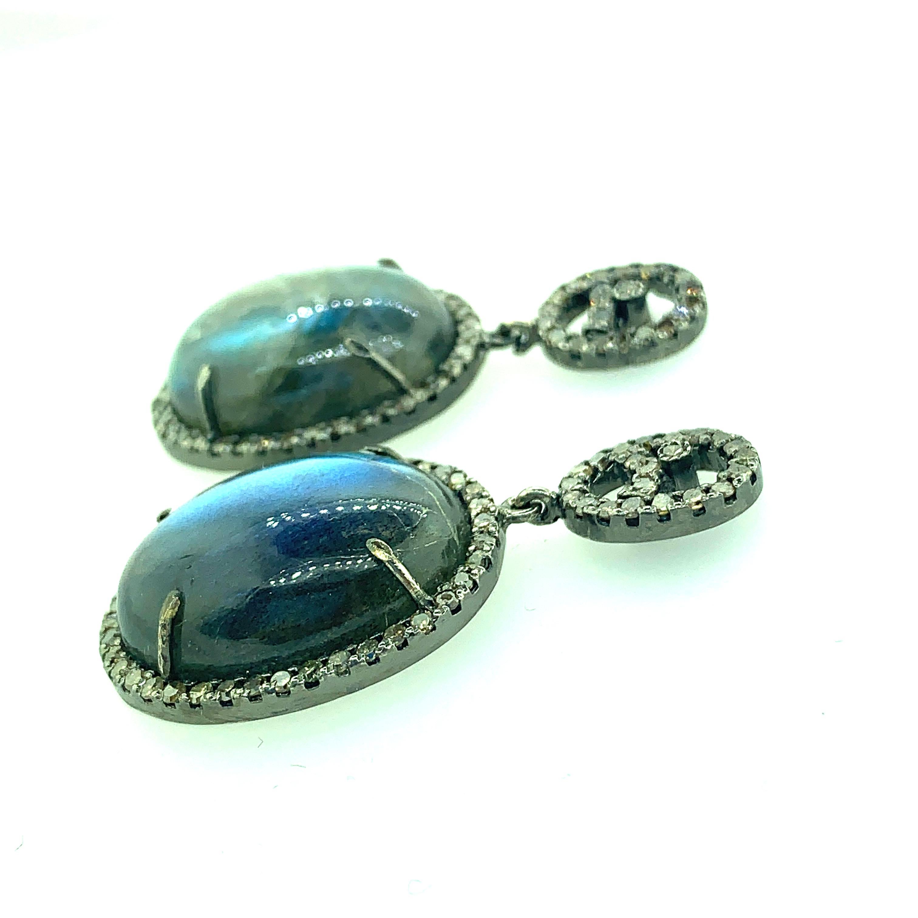 1.75 Inch Long 36.35 ct Labradorite and 2.00 ct Champagne Diamond Earring set in Oxidized Sterling Silver with pure 14K Gold post. The Labradorite is a feldspar mineral of the plagioclase series that is most often found in mafic igneous rocks such