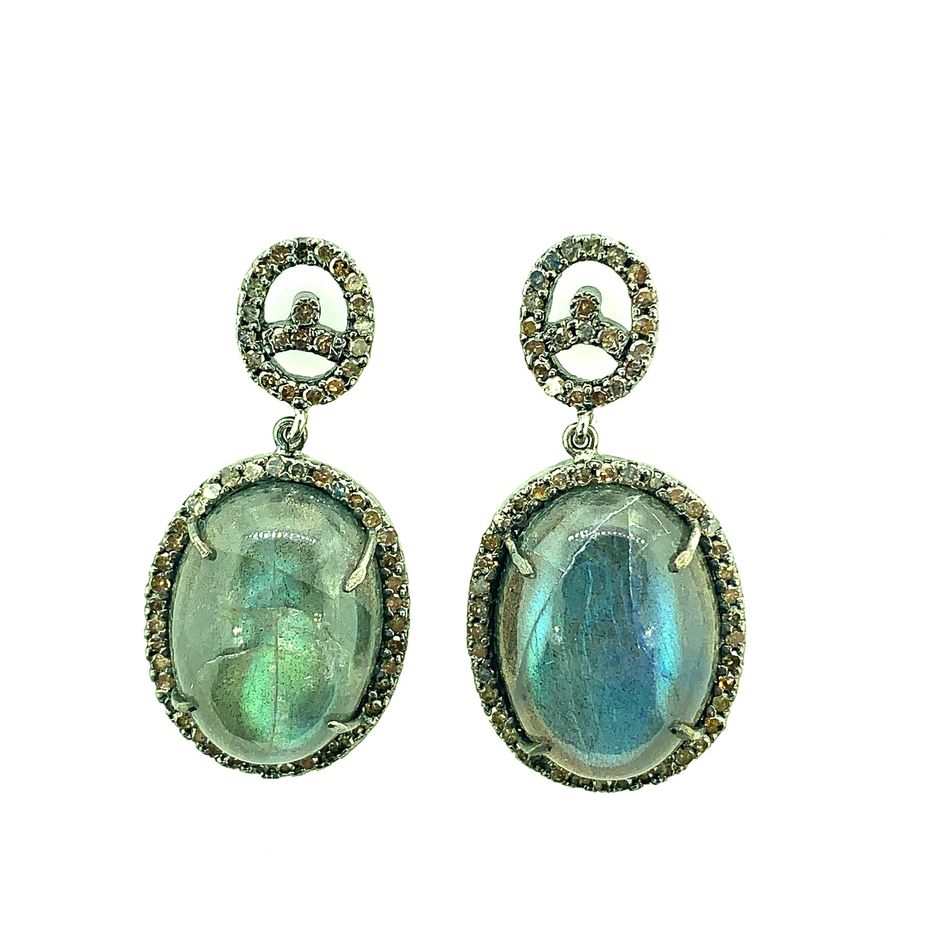 Contemporary 36.35 Carat Labradorite, Diamond Earring in Oxidized Sterling Silver, 14K Gold For Sale
